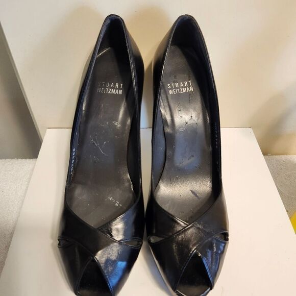 Stuart Weitzman Black Patent Leather Peep Toe Curved Heel Pumps sz.9 Ret $445 - Picture 3 of 9